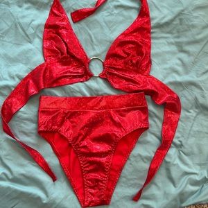 Red high waisted holographic sparkly rave set!